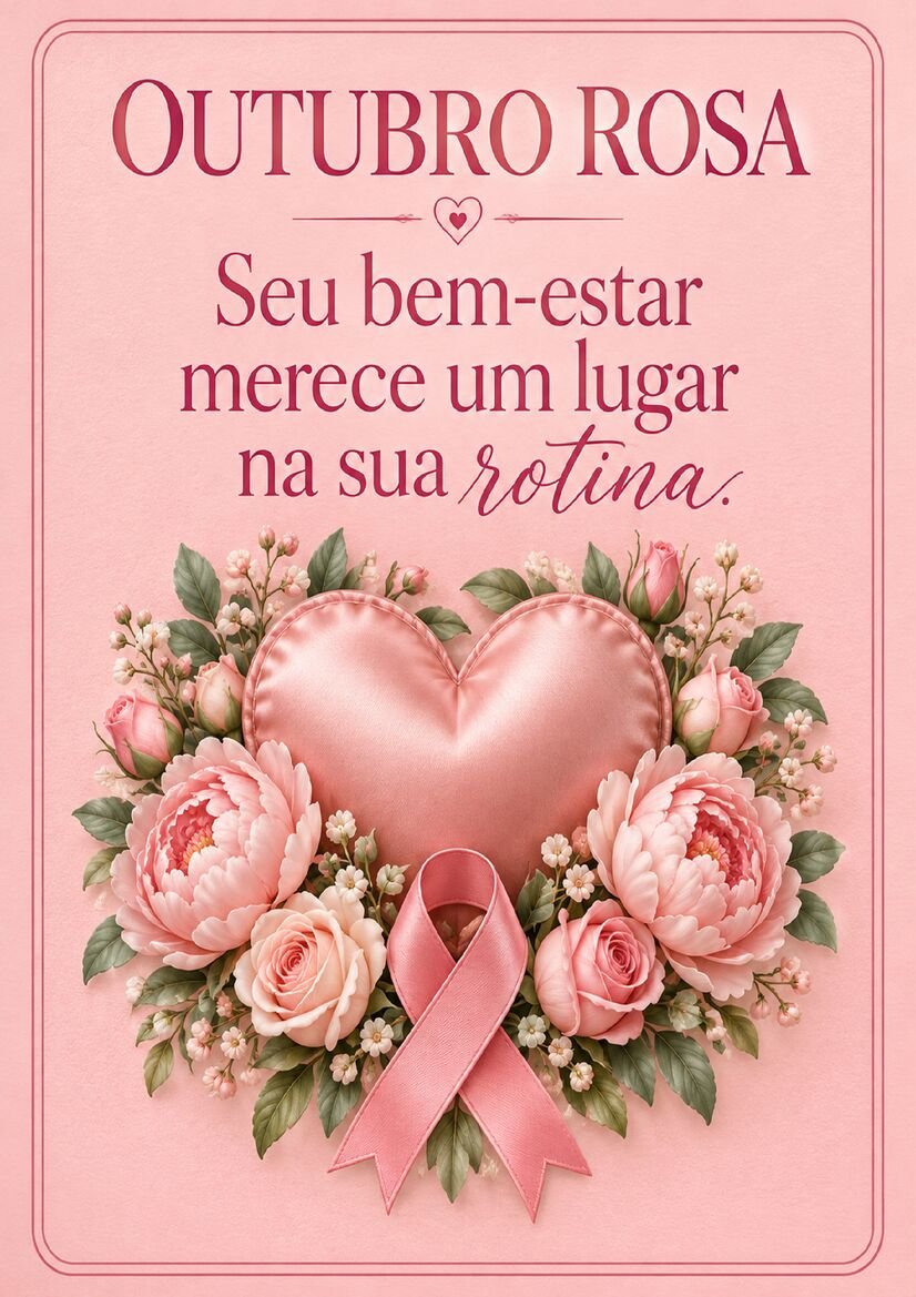 Imagem Outubro Rosa com coração de cetim rosa cercado por flores e laço de conscientização, com frase sobre bem-estar